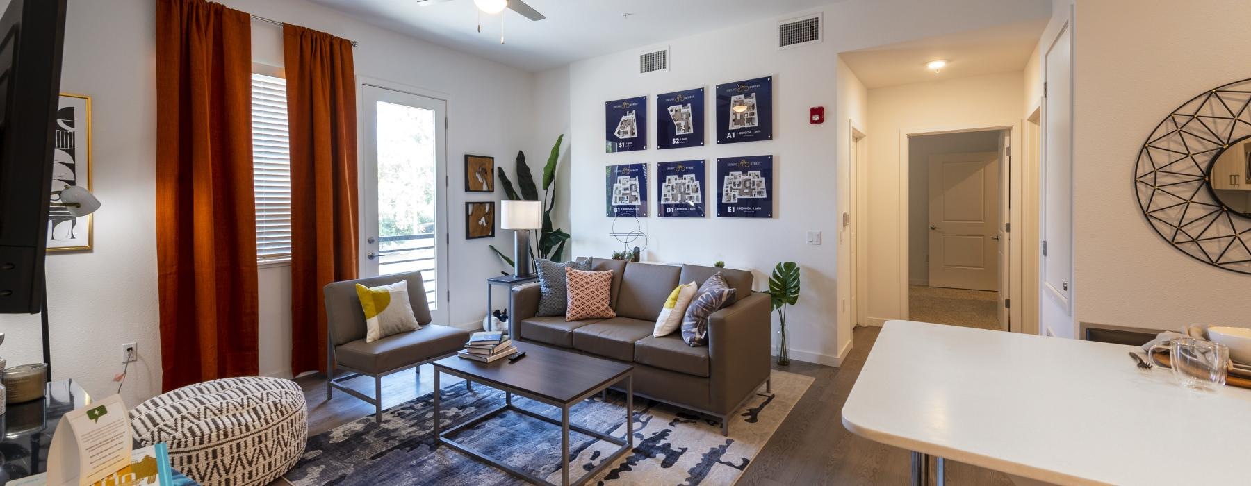 a living room with a couch and a table