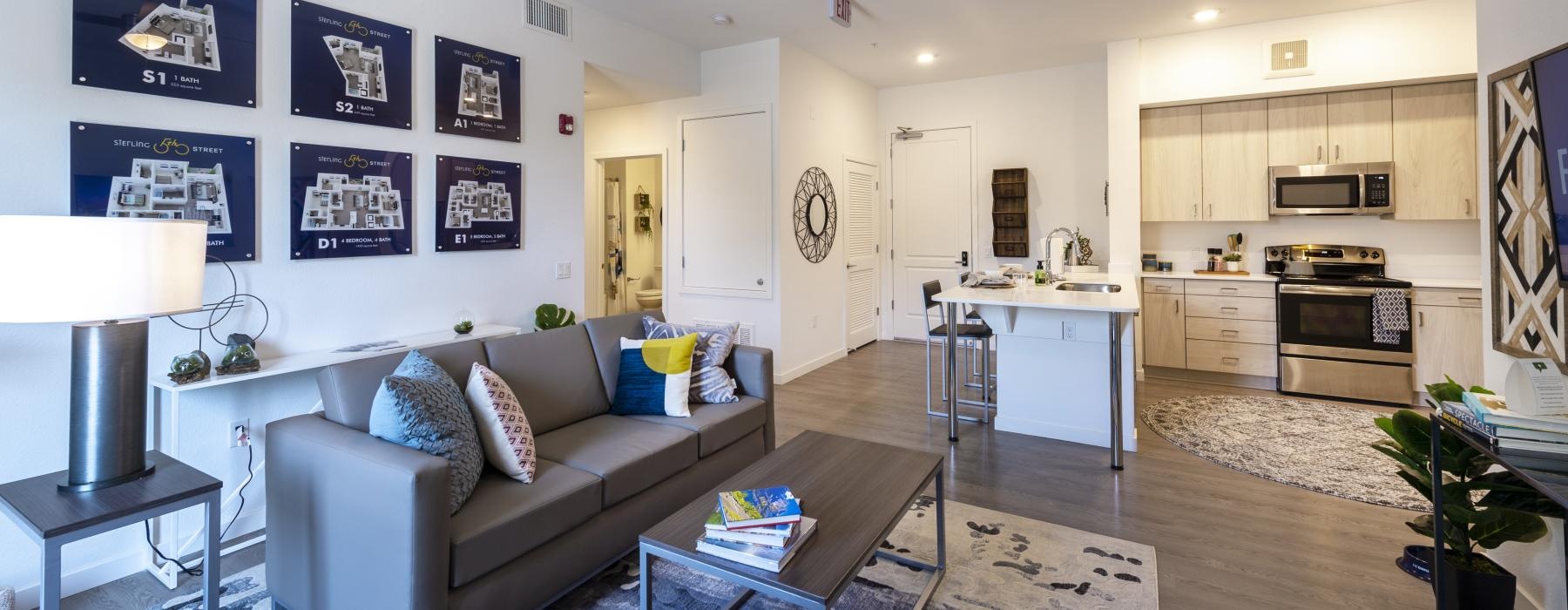 a living room with a couch and a table